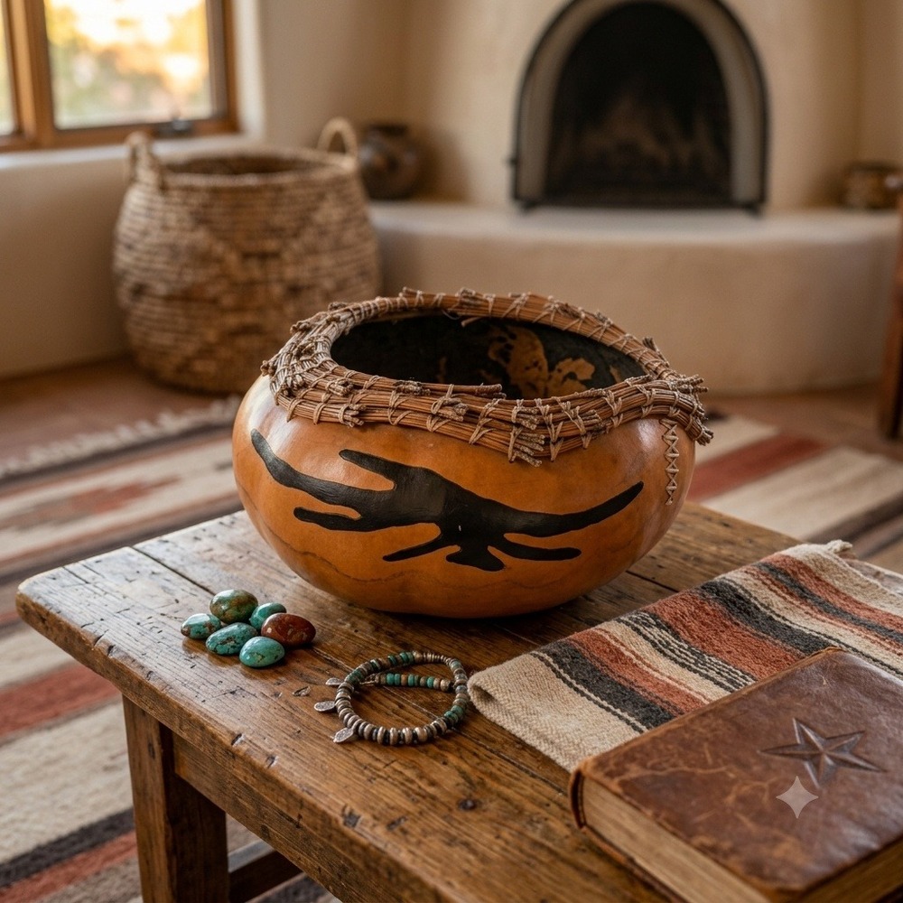Signed Patricia Henry Artisan Gourd Bowl 11" Handcrafted Pine Needle Folk Art‎